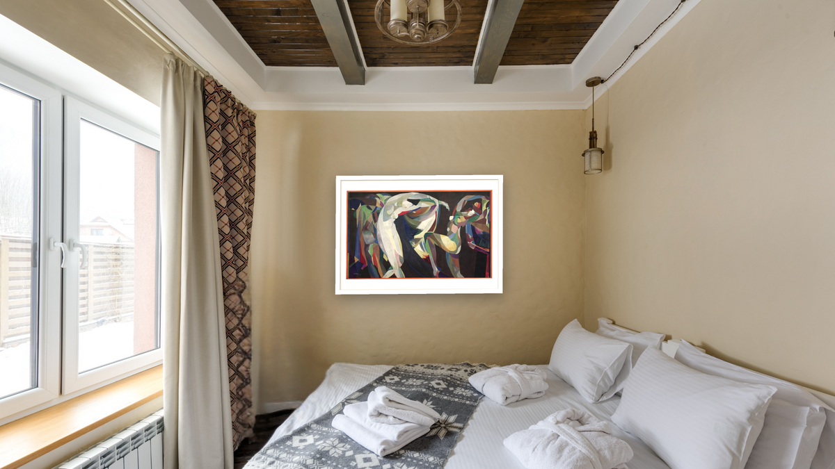 Dances by Arthur Bowen Davies, shown at 28 × 42 in (71.1 × 106.7 cm) in Arber Light Walnut, hotel guest room