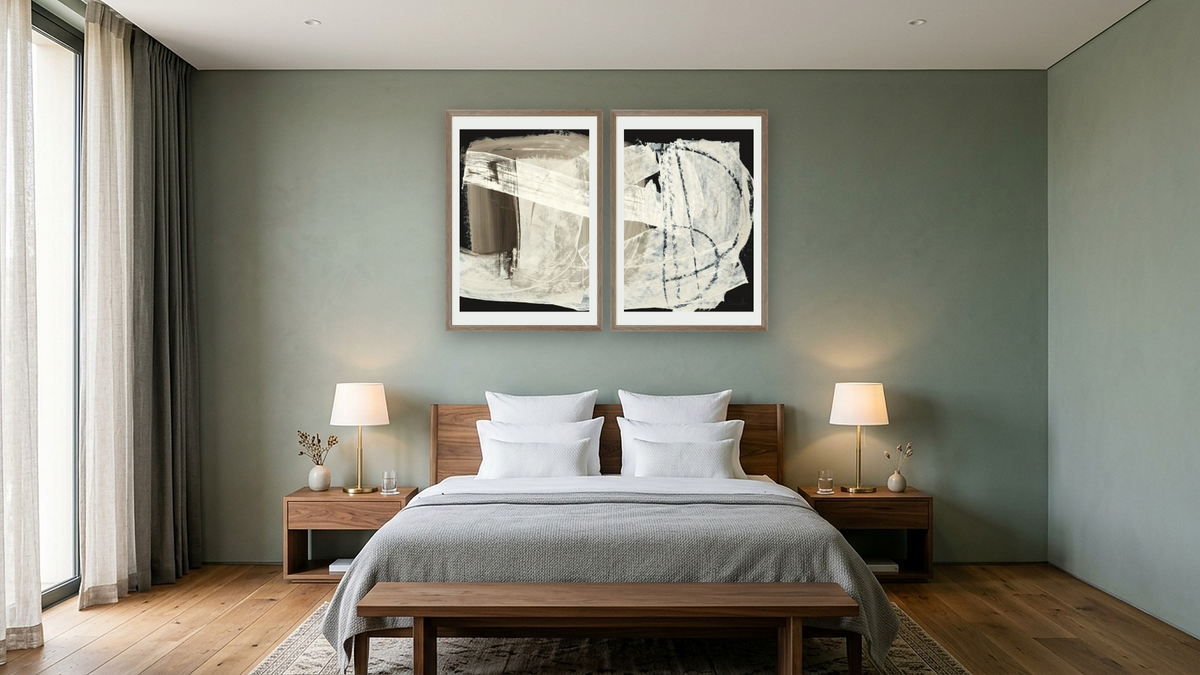 Diptych — After1 × After 2, shown at 28 × 42 in (71.1 × 106.7 cm) in Arber Light Walnut, hotel guest room