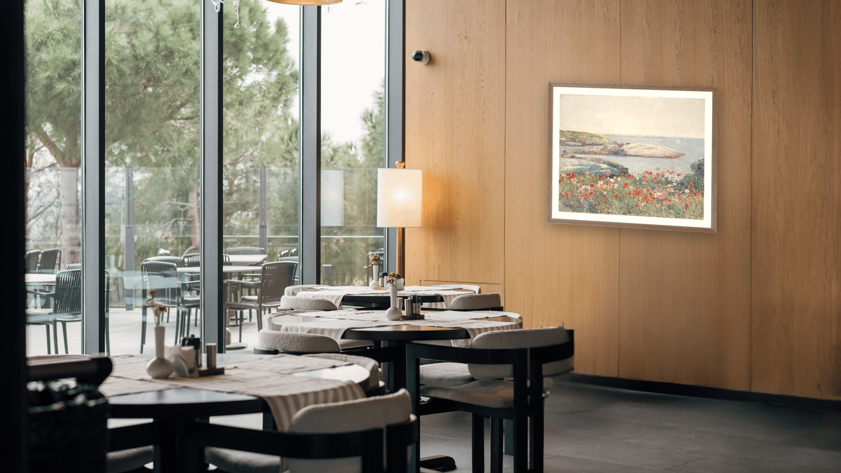 Poppies, Isles of Shoals by Childe Hassam, shown at 33 × 40 in (83.8 × 101.6 cm) in Arber Light Walnut, restaurant
