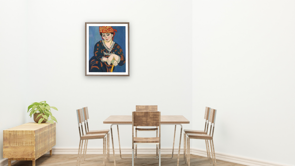 Red Madras Headdress (Le Madras rouge) by Henri Matisse, shown at 32 × 40 in (81.3 × 101.6 cm) in Arber Light Walnut, restaurant