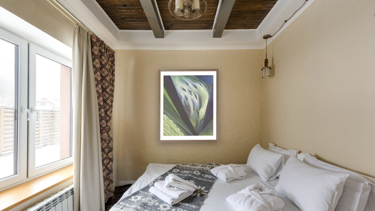Blue and Green Music by Bridgeman Images, shown at 32 × 40 in (81.3 × 101.6 cm) in Arber Light Walnut, hotel guest room