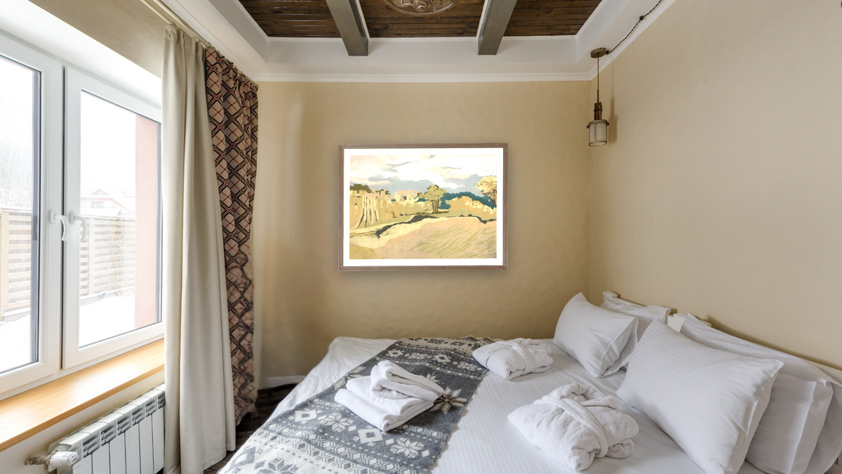Cornwall Light by Dan Hobday, shown at 30 × 42 in (76.2 × 106.7 cm) in Arber Light Walnut, hotel guest room