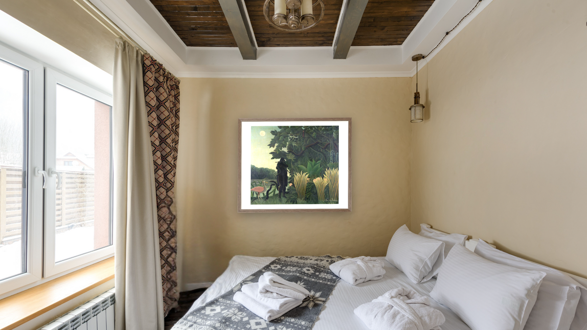 The Snake Charmer, 1907 (La Charmeuse de serpents) by Henri Rousseau, shown at 32 × 40 in (81.3 × 101.6 cm) in Arber Light Walnut, hotel guest room