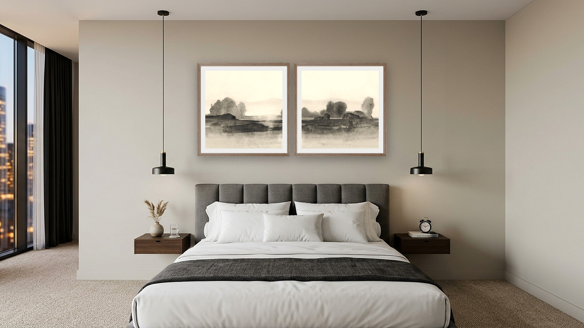 Diptych — Land 1 SQ × Land 2 SQ, shown at 32 × 32 in (81.3 × 81.3 cm) in Arber Light Walnut, hotel guest room