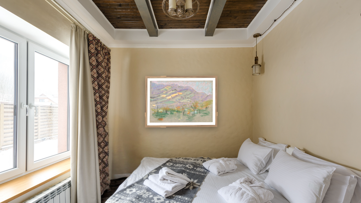 Landscape with purple mountains from A.B. Davies book, edition #50/50 by Arthur Bowen Davies, shown at 28 × 42 in (71.1 × 106.7 cm) in Arber Light Walnut, hotel guest room