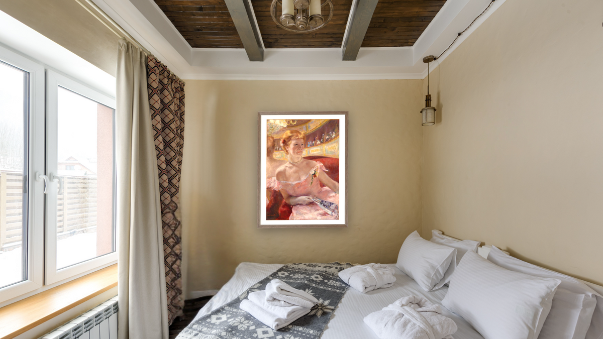 Woman with a Pearl Necklace in a Loge by Mary Cassatt, shown at 30 × 40 in (76.2 × 101.6 cm) in Arber Light Walnut, hotel guest room