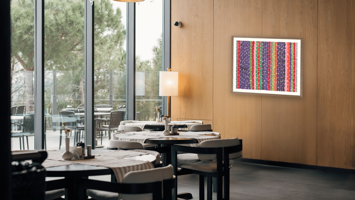 Autumn Drama by Alma Thomas, shown at 32 × 40 in (81.3 × 101.6 cm) in Arber Light Walnut, restaurant