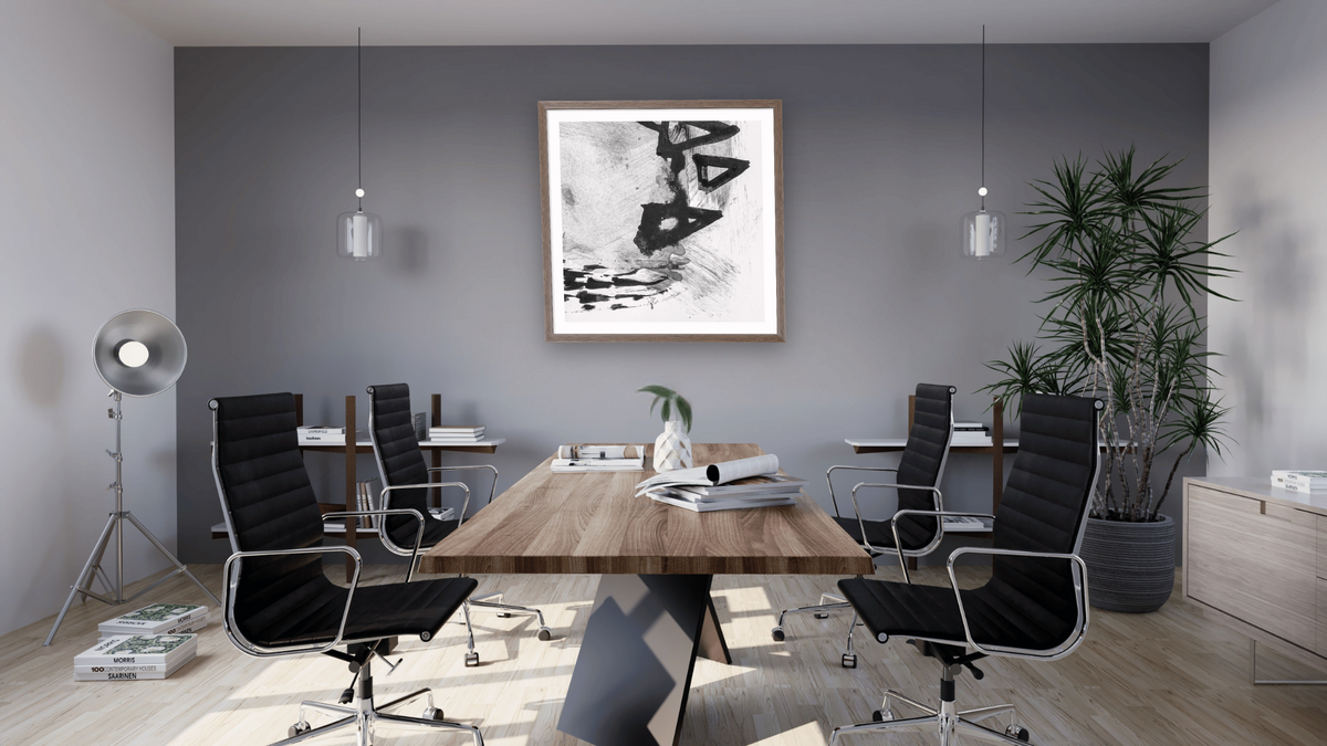 Black White Set 6 by Dan Hobday, shown at 32 × 32 in (81.3 × 81.3 cm) in Arber Light Walnut, boardroom