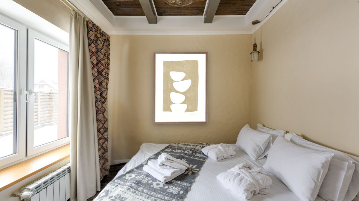 Mello 1 by Dan Hobday, shown at 30 × 42 in (76.2 × 106.7 cm) in Arber Light Walnut, hotel guest room