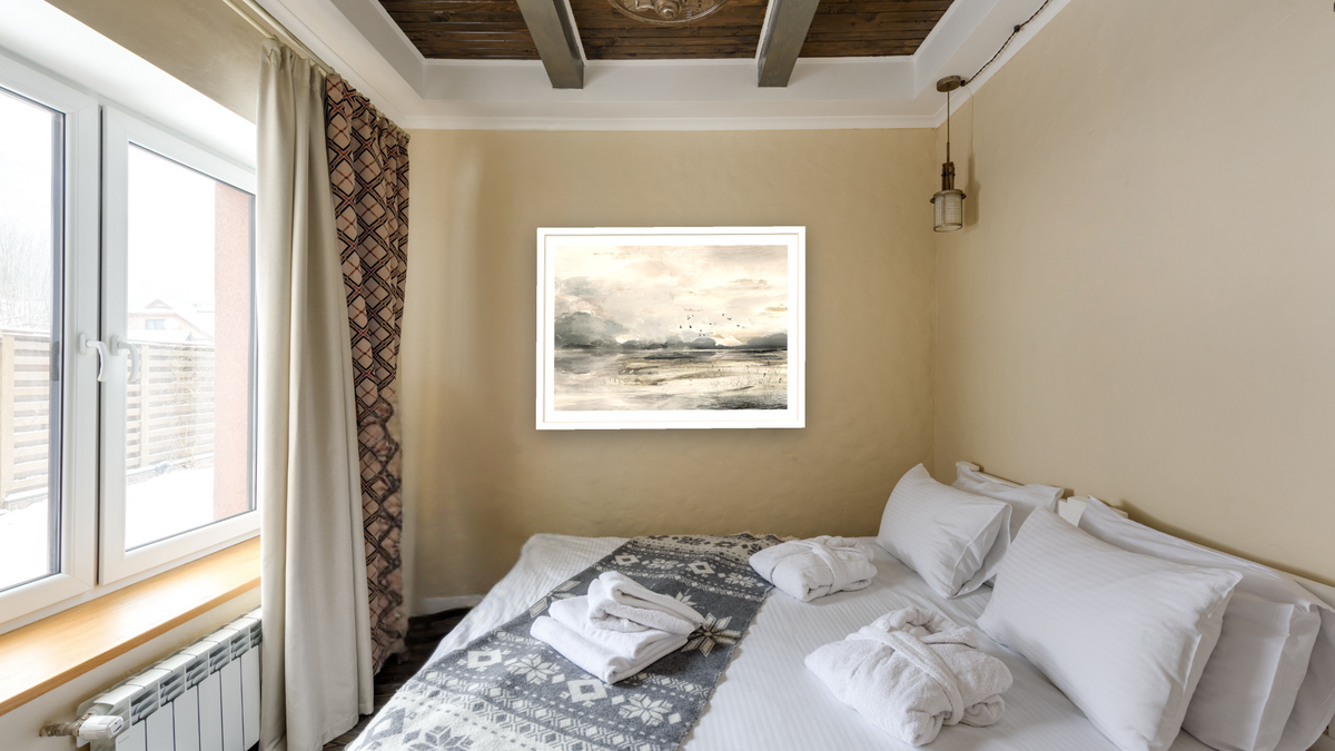 Morning View by Dan Hobday, shown at 30 × 42 in (76.2 × 106.7 cm) in Arber Light Walnut, hotel guest room