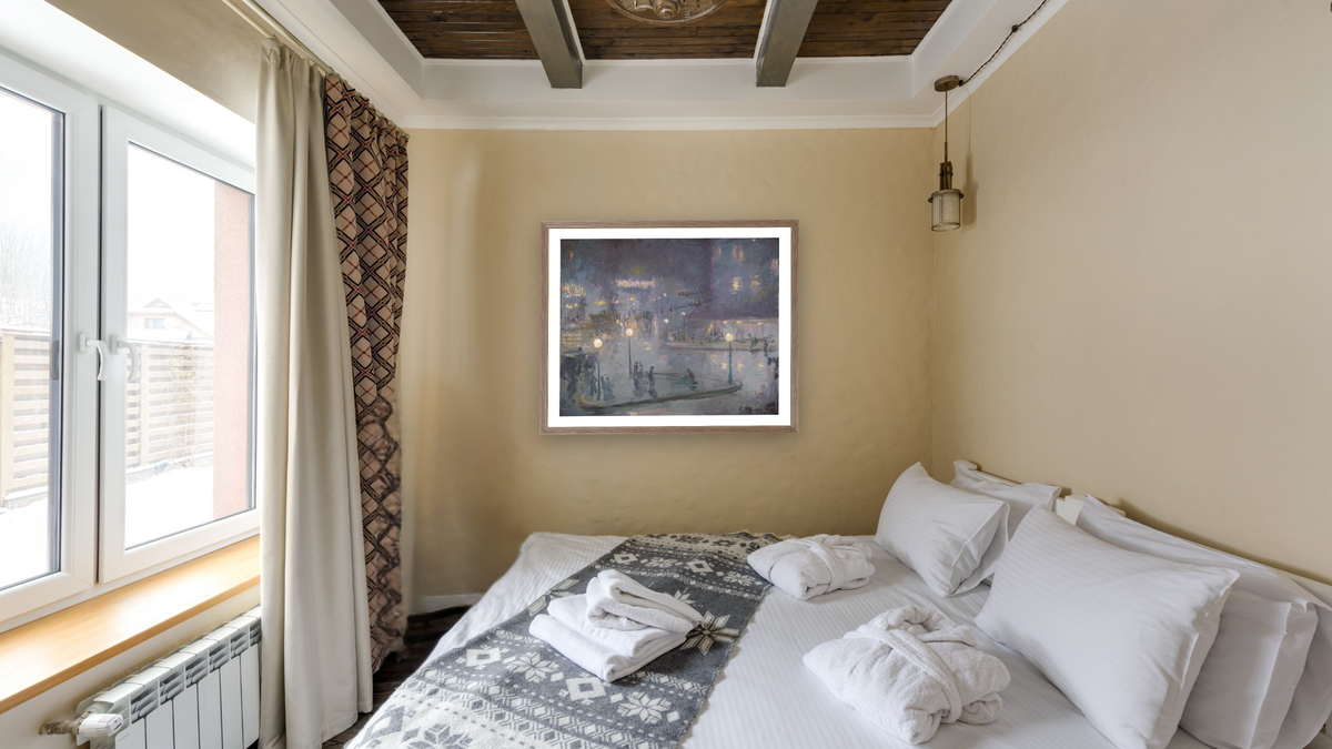 Place de Rome at Night by Theodore Earl Butler, shown at 32 × 40 in (81.3 × 101.6 cm) in Arber Light Walnut, hotel guest room