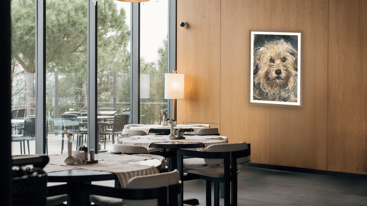 Detail of Yorkshire Terrier from Eugenie Graff (Madame Paul) by Claude Monet, shown at 28 × 42 in (71.1 × 106.7 cm) in Arber Light Walnut, restaurant