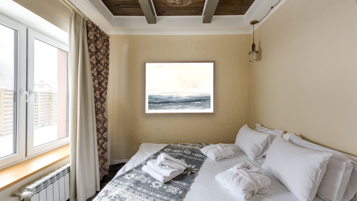 Dreams by Dan Hobday, shown at 30 × 42 in (76.2 × 106.7 cm) in Arber Light Walnut, hotel guest room