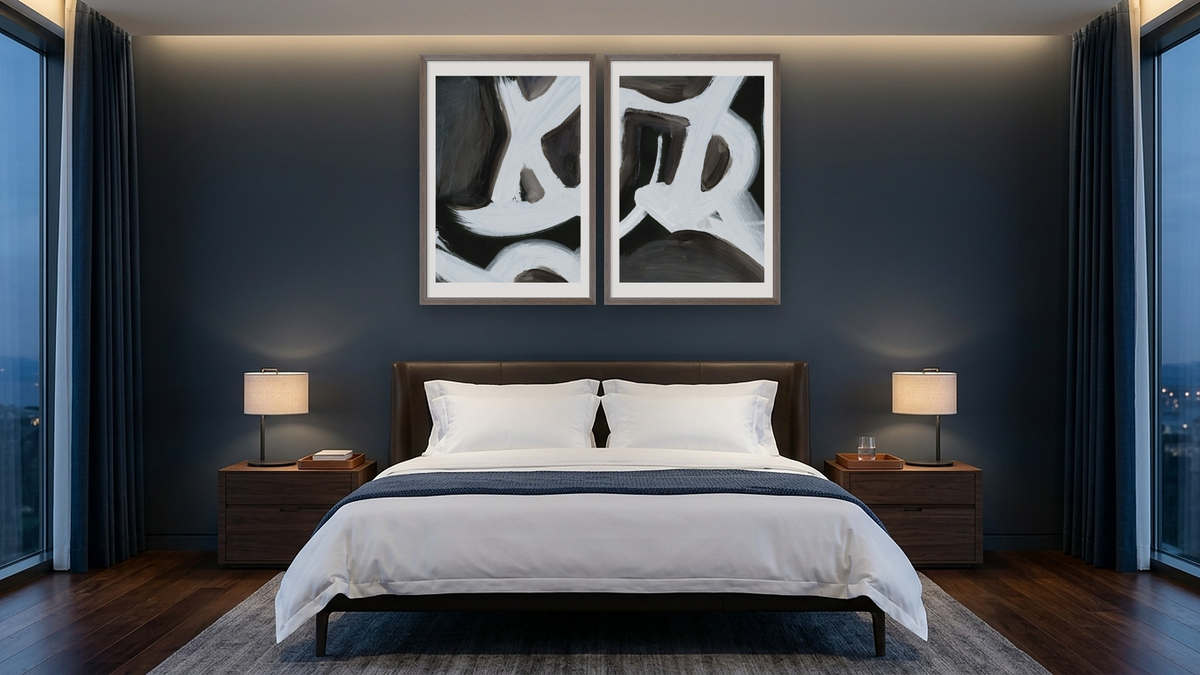 Diptych — Bones 1 × Bones 2, shown at 28 × 42 in (71.1 × 106.7 cm) in Arber Light Walnut, hotel guest room