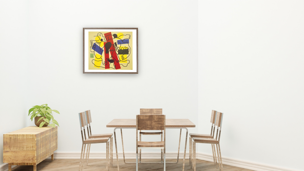 The Divers (Red and Black) by Fernand Léger, shown at 32 × 40 in (81.3 × 101.6 cm) in Arber Light Walnut, restaurant