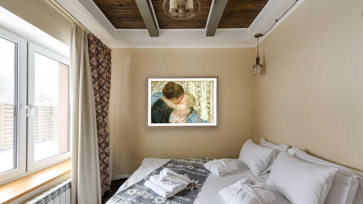 A Goodnight Hug by Mary Cassatt, shown at 28 × 42 in (71.1 × 106.7 cm) in Arber Light Walnut, hotel guest room
