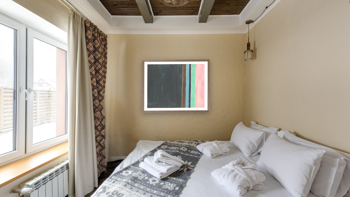 Untitled by Alma Thomas, shown at 30 × 40 in (76.2 × 101.6 cm) in Arber Light Walnut, hotel guest room