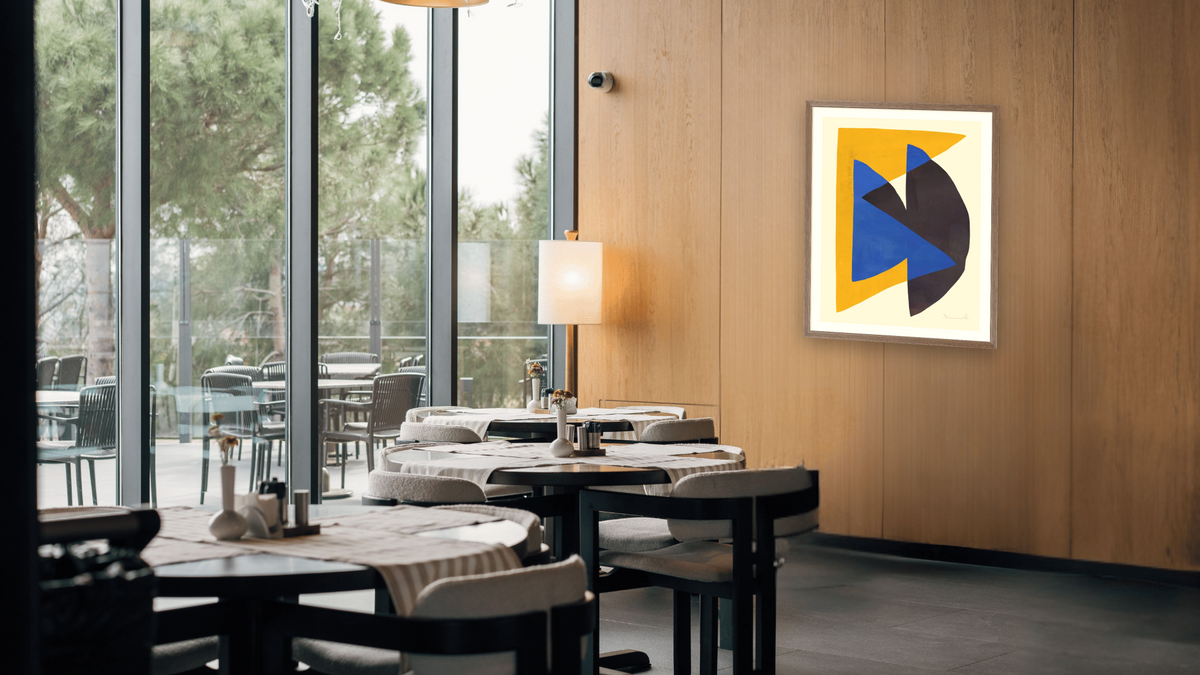 Deeply 1 by Dan Hobday, shown at 31 × 40 in (78.7 × 101.6 cm) in Arber Light Walnut, restaurant