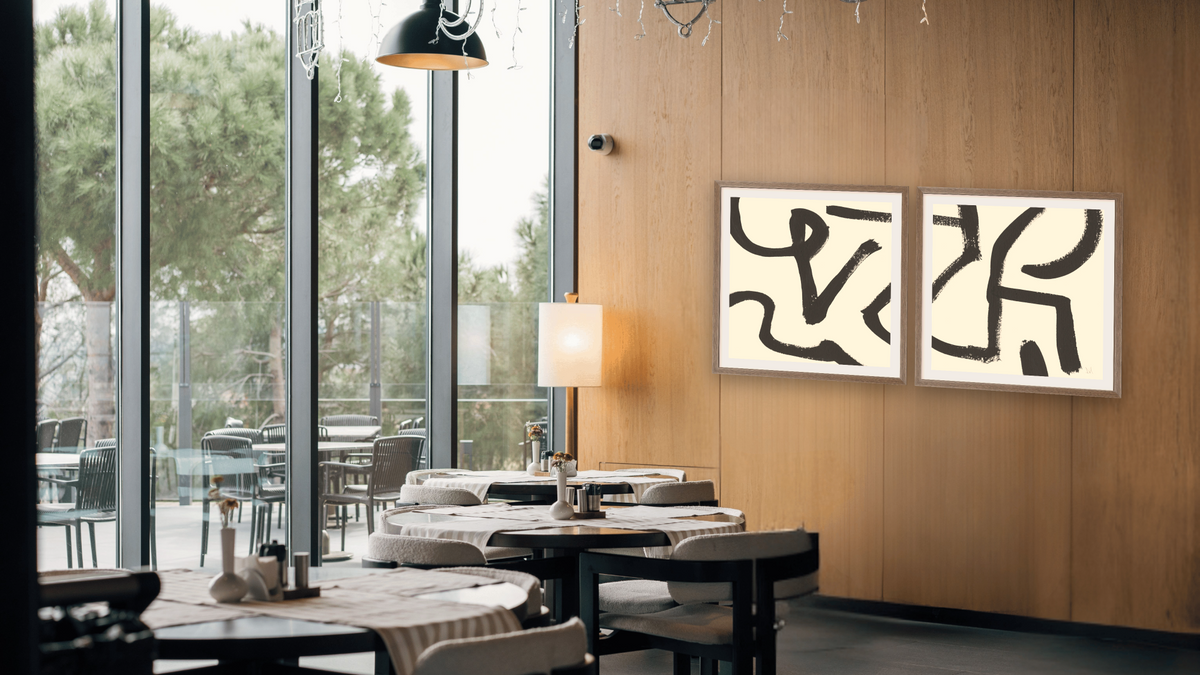 Diptych — Berf 1 × Berf 2, shown at 32 × 32 in (81.3 × 81.3 cm) in Arber Light Walnut, restaurant
