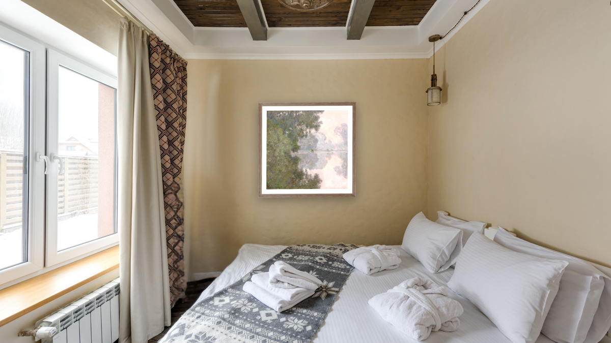 Morning On The Seine, Near Giverny by Claude Monet, shown at 31 × 32 in (78.7 × 81.3 cm) in Arber Light Walnut, hotel guest room
