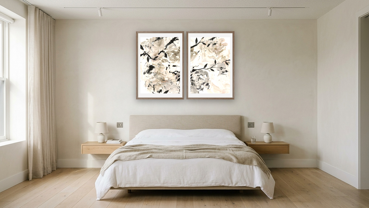 Diptych — Fall Forest 1 × Fall Forest 2, shown at 28 × 42 in (71.1 × 106.7 cm) in Arber Light Walnut, hotel guest room