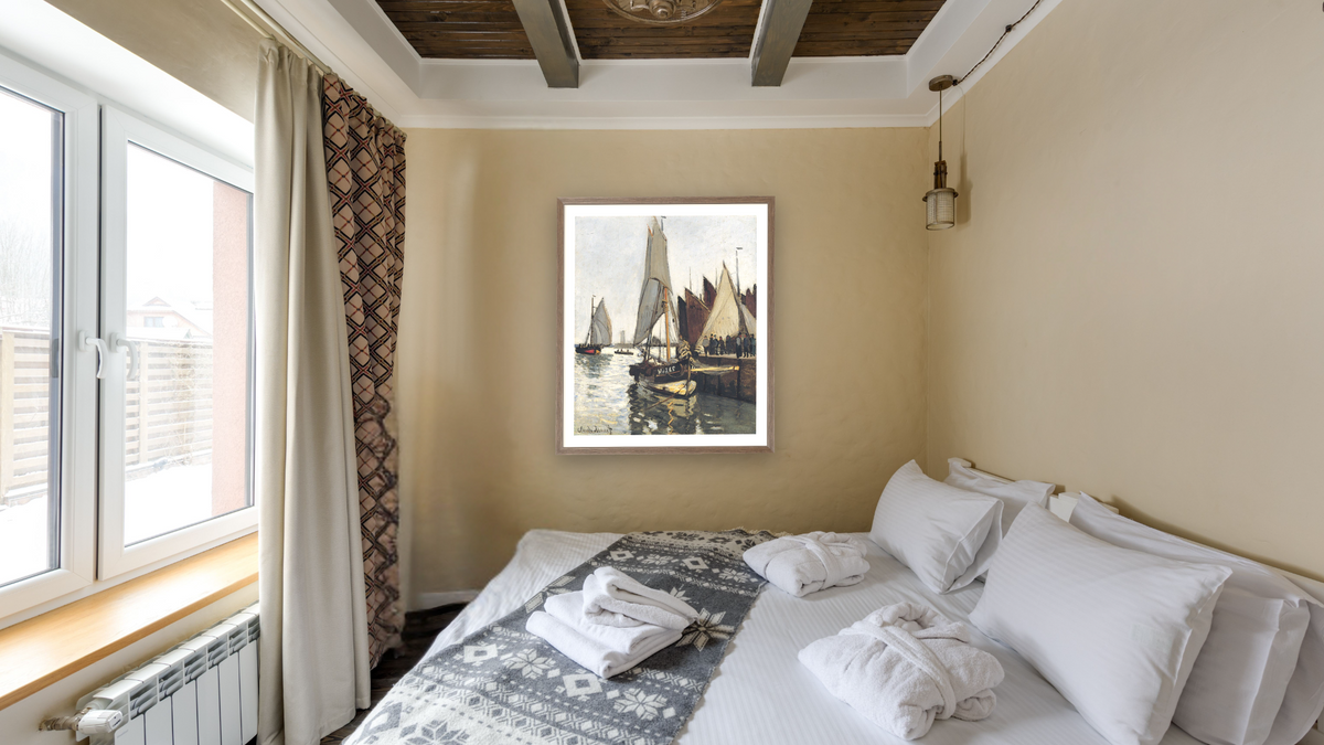 Bateaux a Honfleur (Study for Le Port de Honfleur) by Claude Monet, shown at 33 × 40 in (83.8 × 101.6 cm) in Arber Light Walnut, hotel guest room