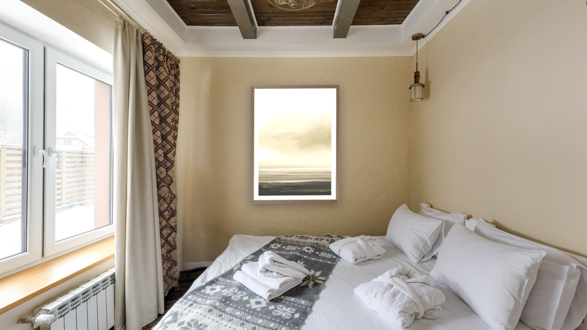 Marsh Set 2 by Dan Hobday, shown at 30 × 42 in (76.2 × 106.7 cm) in Arber Light Walnut, hotel guest room