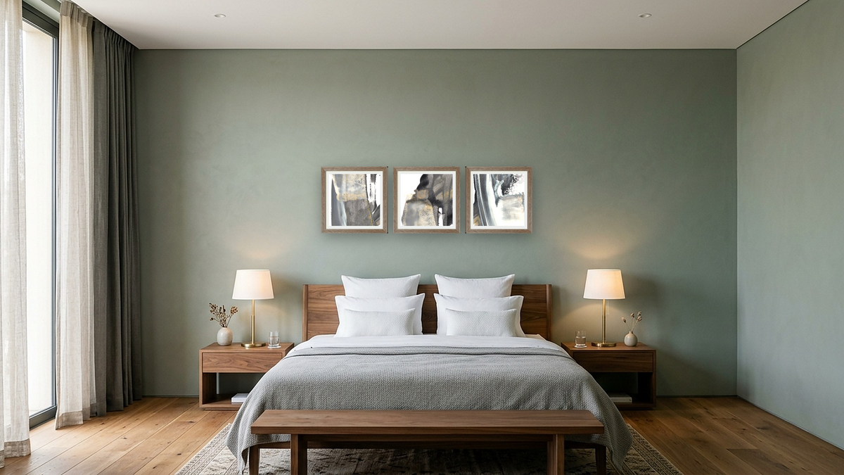 Triptych — Stone 1 × Stone 2 × Stone 3, shown at 16 × 16 in (40.6 × 40.6 cm) in Arber Light Walnut, hotel guest room