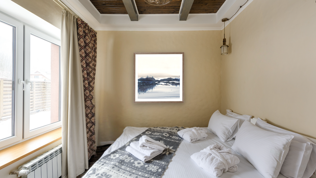 Sea View 3 by Dan Hobday, shown at 32 × 32 in (81.3 × 81.3 cm) in Arber Light Walnut, hotel guest room