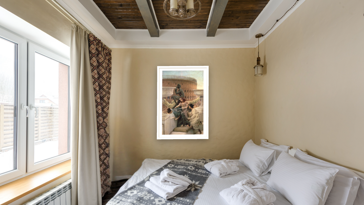 The Coliseum by Lawrence Alma-Tadema, shown at 28 × 42 in (71.1 × 106.7 cm) in Arber Light Walnut, hotel guest room