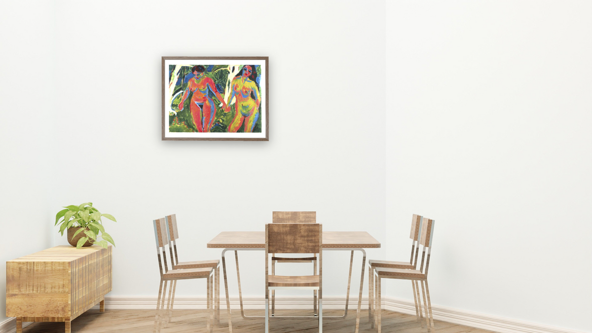 Two Nude Women in the Forest by Ernst Ludwig Kirchner, shown at 30 × 40 in (76.2 × 101.6 cm) in Arber Light Walnut, restaurant