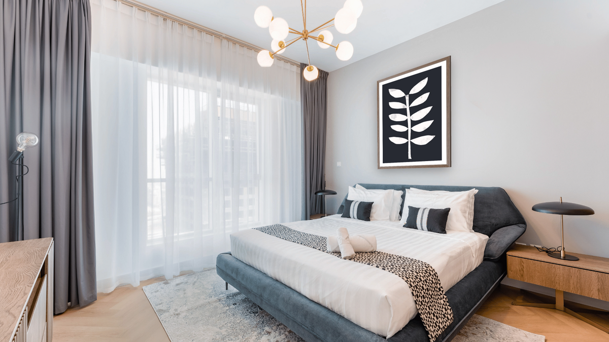 Minimal Plant 2 by Dan Hobday, shown at 30 × 42 in (76.2 × 106.7 cm) in Arber Light Walnut, hotel guest room