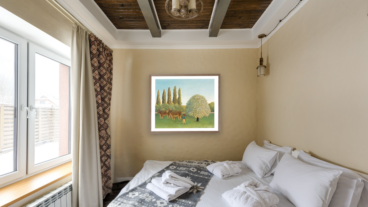 Meadowland by Henri Rousseau, shown at 32 × 40 in (81.3 × 101.6 cm) in Arber Light Walnut, hotel guest room