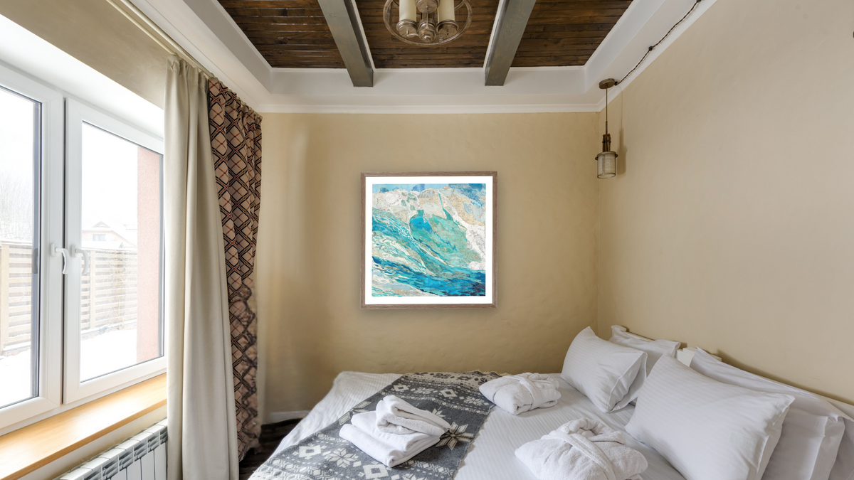 Ocean Wave 2 by Marcie Ojeda, shown at 32 × 32 in (81.3 × 81.3 cm) in Arber Light Walnut, hotel guest room