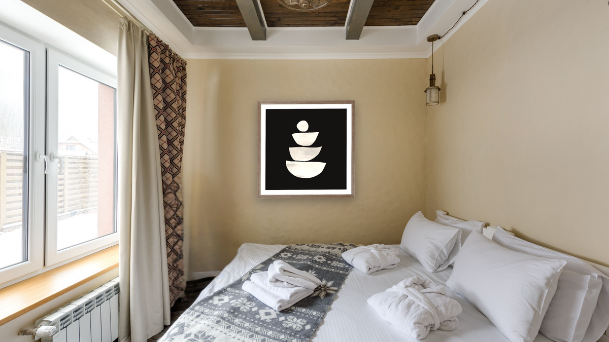 Mono Shapes 6 by Dan Hobday, shown at 32 × 32 in (81.3 × 81.3 cm) in Arber Light Walnut, hotel guest room