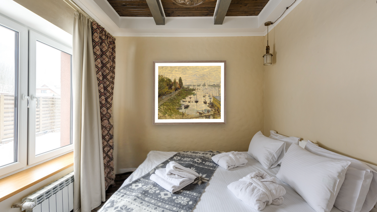 The Port of Argenteuil (Le Bassin de Argenteuil) by Claude Monet, shown at 34 × 40 in (86.4 × 101.6 cm) in Arber Light Walnut, hotel guest room