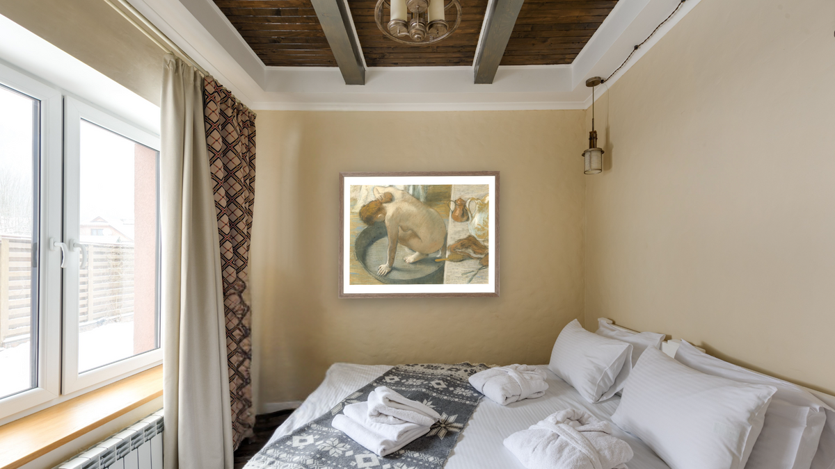 Apples and Oranges by Paul Cézanne, shown at 30 × 40 in (76.2 × 101.6 cm) in Arber Light Walnut, hotel guest room