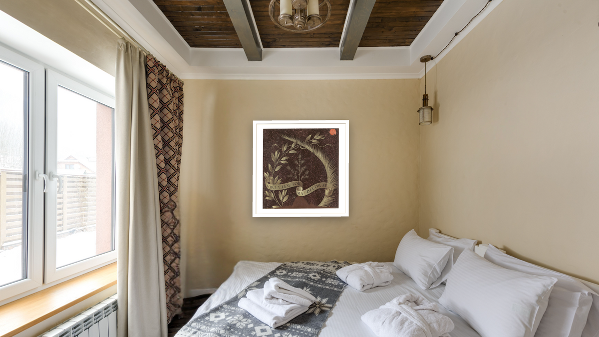 Wreath of Laurel, Palm, and Juniper with a Scroll inscribed Virtutem Forum Decorat [reverse] by Leonardo da Vinci, shown at 32 × 32 in (81.3 × 81.3 cm) in Arber Light Walnut, hotel guest room