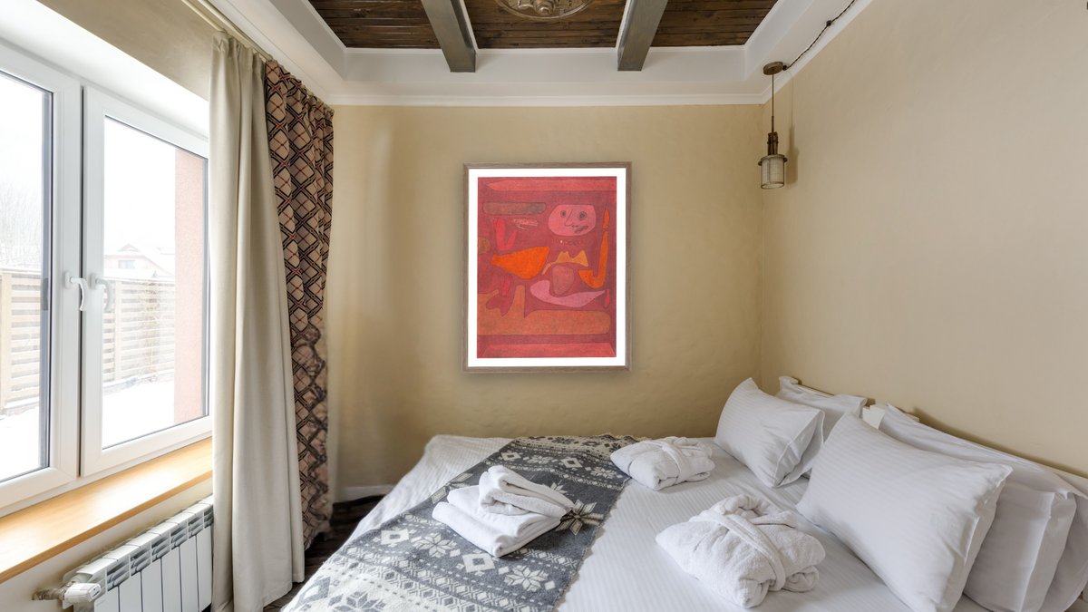 The Man of Confusion by Paul Klee, shown at 31 × 40 in (78.7 × 101.6 cm) in Arber Light Walnut, hotel guest room