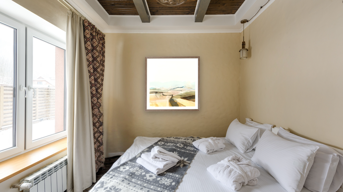 Country View by Dan Hobday, shown at 32 × 32 in (81.3 × 81.3 cm) in Arber Light Walnut, hotel guest room
