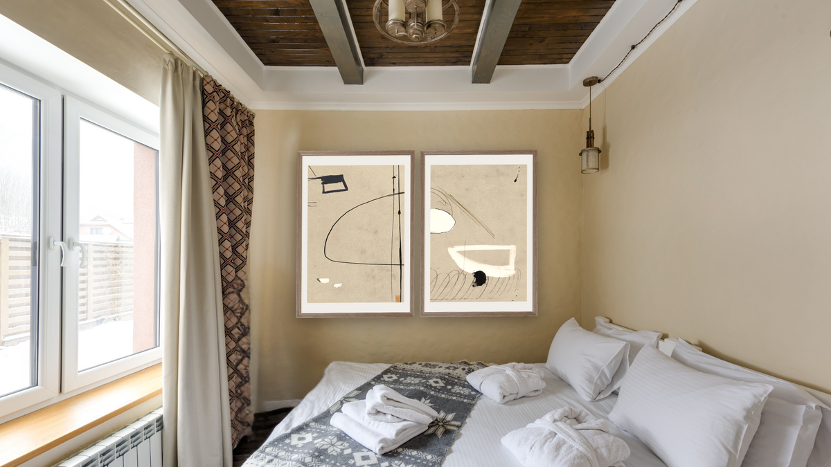 Diptych — Regenerate 1 × Regenerate 2, shown at 28 × 42 in (71.1 × 106.7 cm) in Arber Light Walnut, hotel guest room