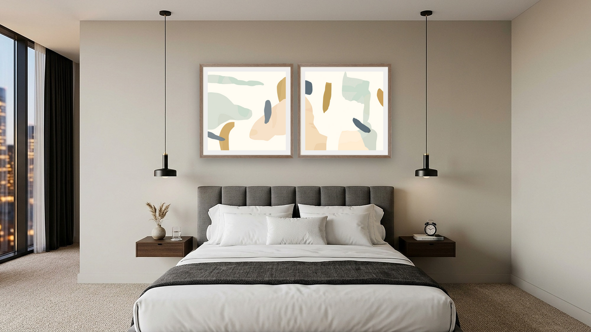 Diptych — Mez Set 1 × Mez Set 2, shown at 32 × 32 in (81.3 × 81.3 cm) in Arber Light Walnut, hotel guest room