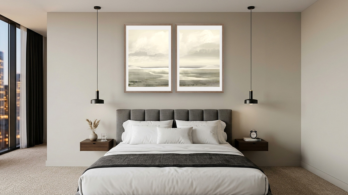 Diptych — Lakes 1 × Lakes 2, shown at 28 × 42 in (71.1 × 106.7 cm) in Arber Light Walnut, hotel guest room
