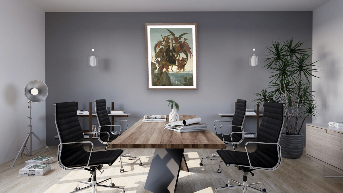 The Torment of Saint Anthony by Michelangelo Buonarroti, shown at 30 × 40 in (76.2 × 101.6 cm) in Arber Light Walnut, boardroom