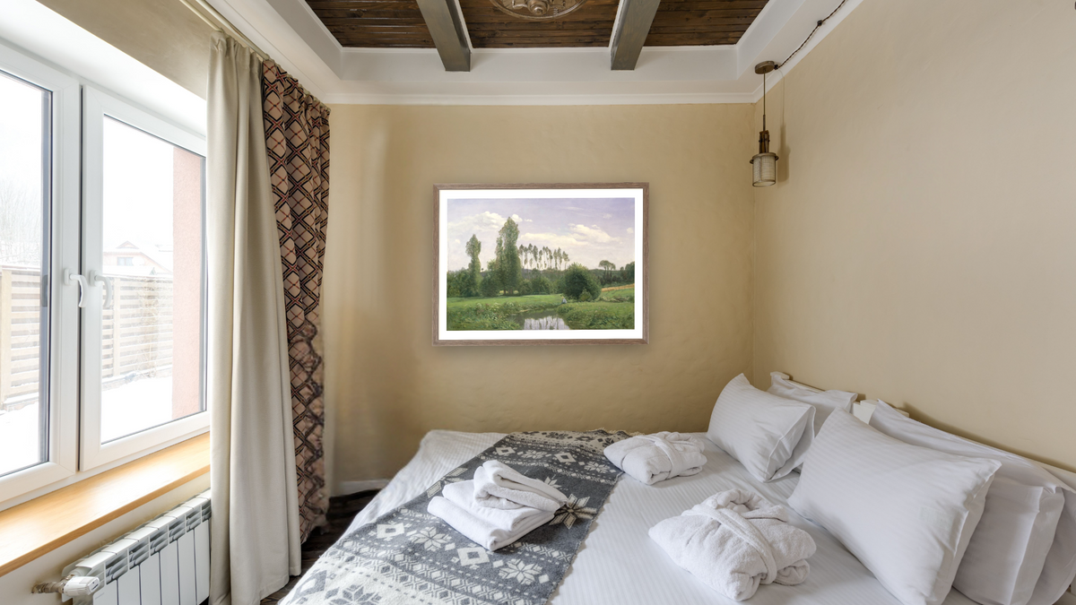 View at Rouelles by Claude Monet, shown at 30 × 42 in (76.2 × 106.7 cm) in Arber Light Walnut, hotel guest room