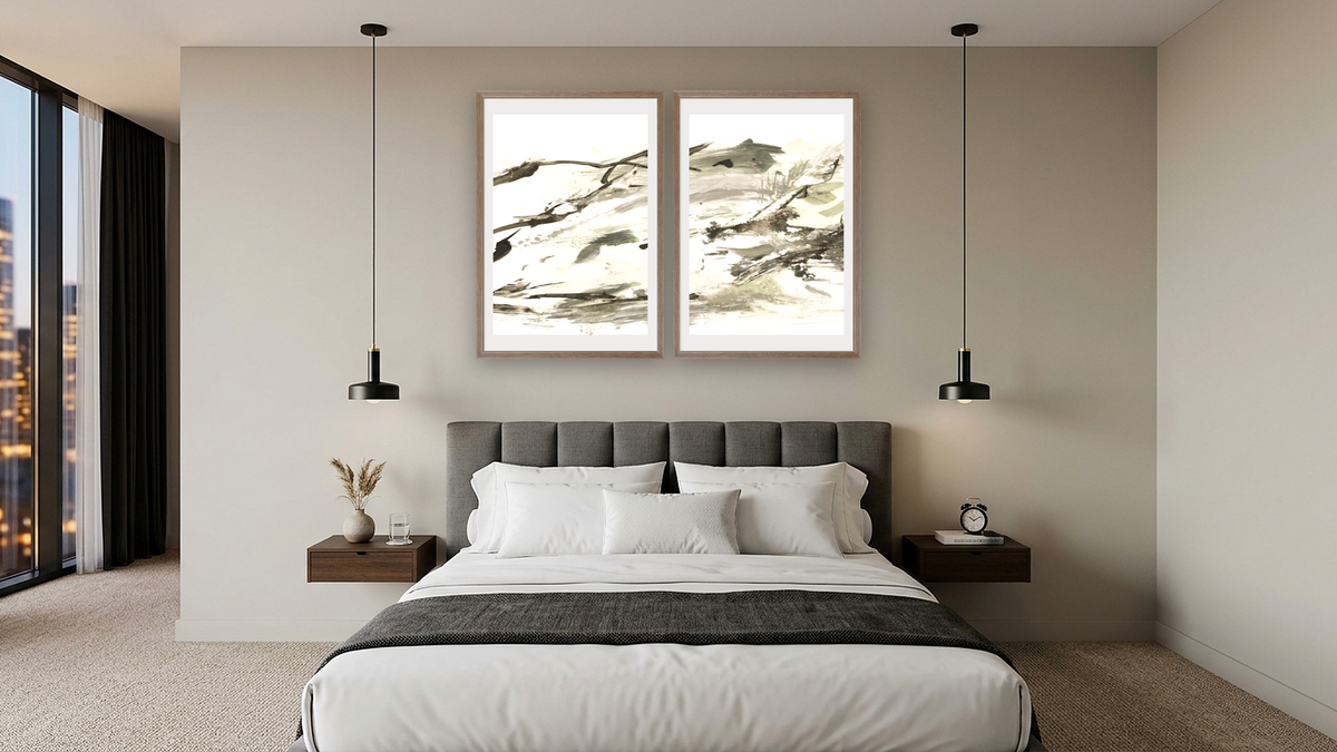 Diptych — Bot 1 × Bot 2, shown at 28 × 42 in (71.1 × 106.7 cm) in Arber Light Walnut, hotel guest room