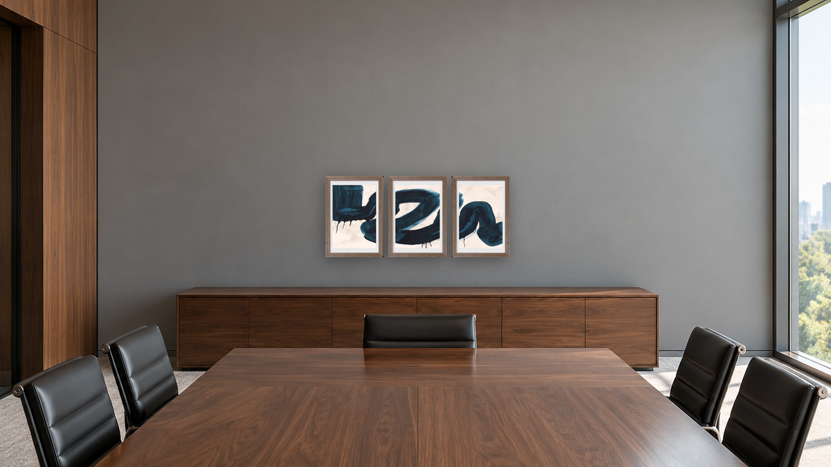 Triptych — Brush Stokes 1 × Brush Strokes 2 × Brush Strokes 3, shown at 14 × 21 in (35.6 × 53.3 cm) in Arber Light Walnut, boardroom