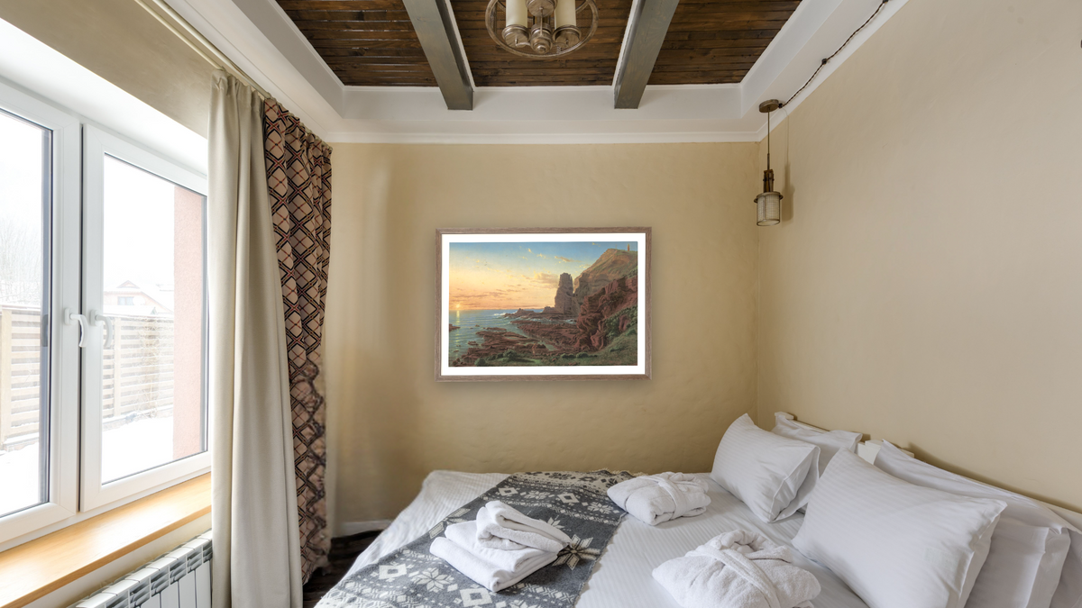 Castle Rock, Cape Schanck, shown at 28 × 42 in (71.1 × 106.7 cm) in Arber Light Walnut, hotel guest room