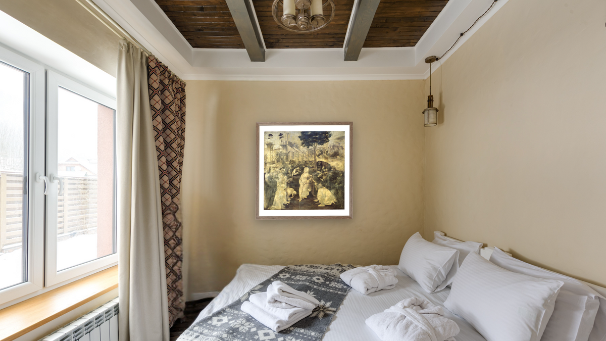 The Adoration of the Magi by Leonardo da Vinci, shown at 32 × 32 in (81.3 × 81.3 cm) in Arber Light Walnut, hotel guest room