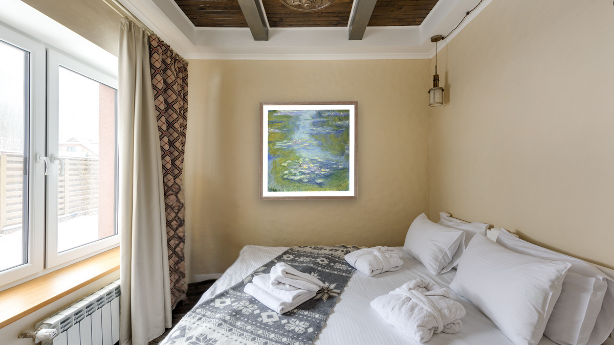 Water Lilies by Claude Monet, shown at 32 × 32 in (81.3 × 81.3 cm) in Arber Light Walnut, hotel guest room